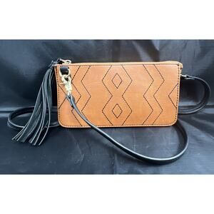 INC Austin Black Brown Crossbody Clutch Bag Faux Leather Top Zip Gold X. *USED*